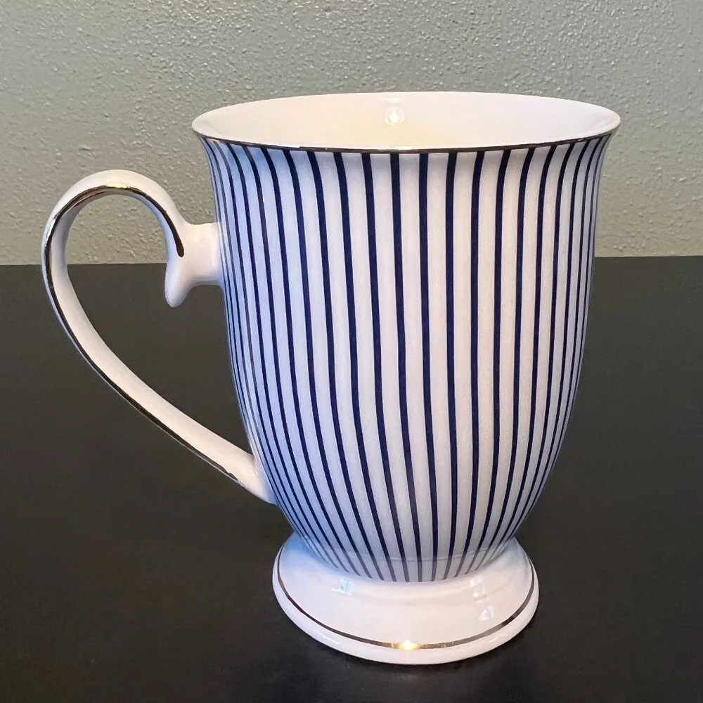 Grace’s Teaware Navy Blue White Pinstripe Gold Footed Coffee Mugs Set of 2